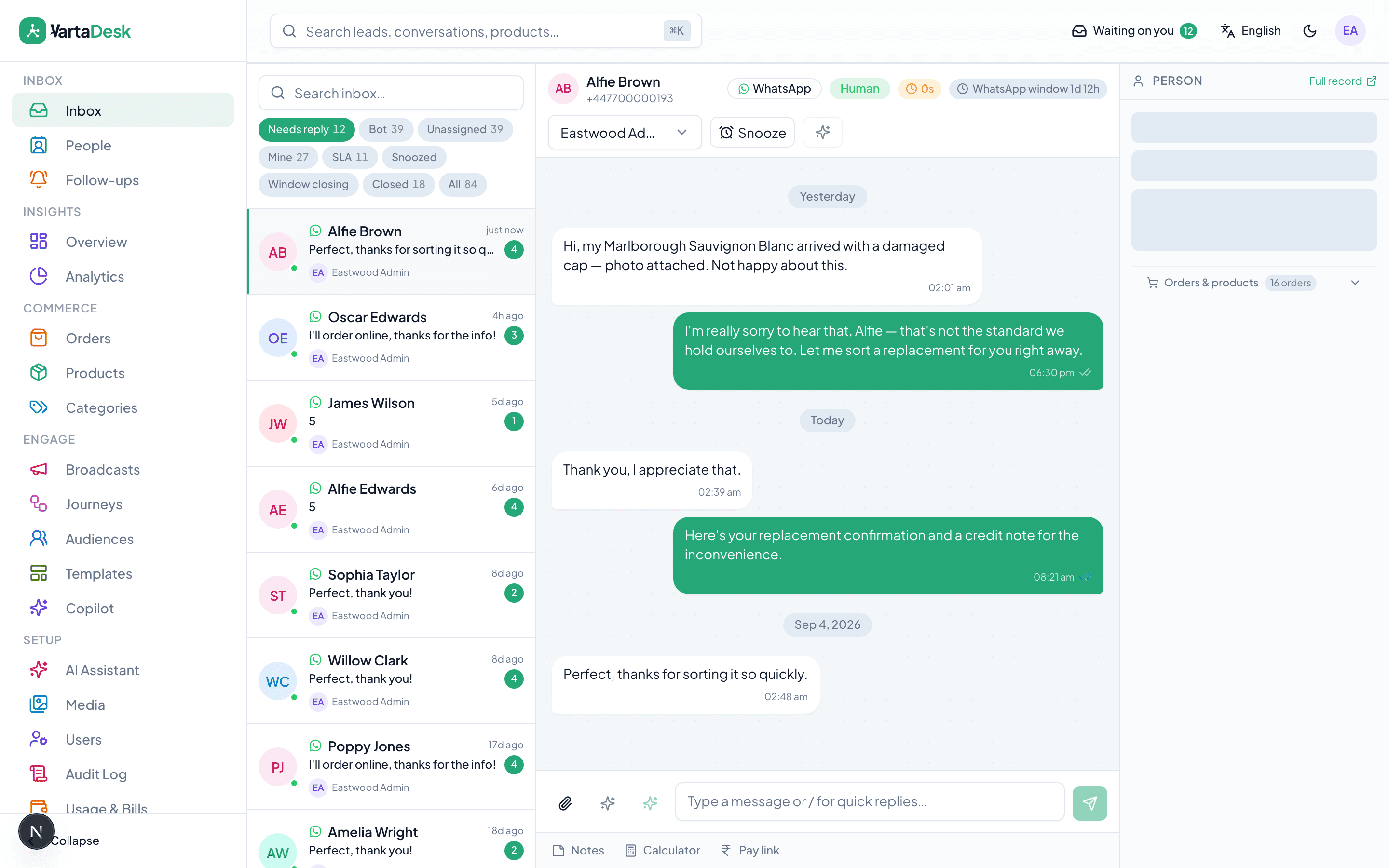 VartaDesk inbox with WhatsApp, SMS, RCS and Email threads in one list