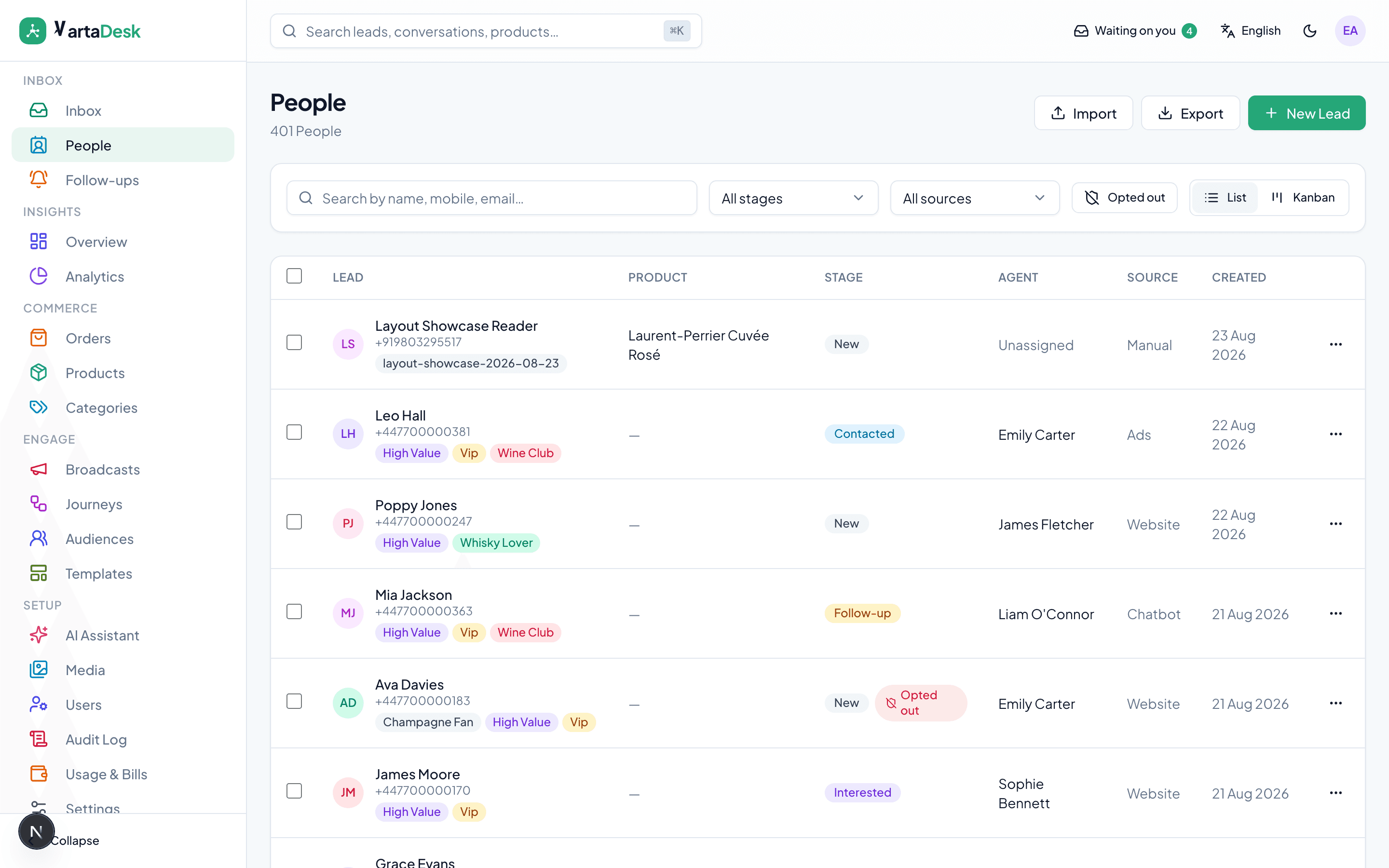 People workspace with stages, tags and a list or kanban toggle